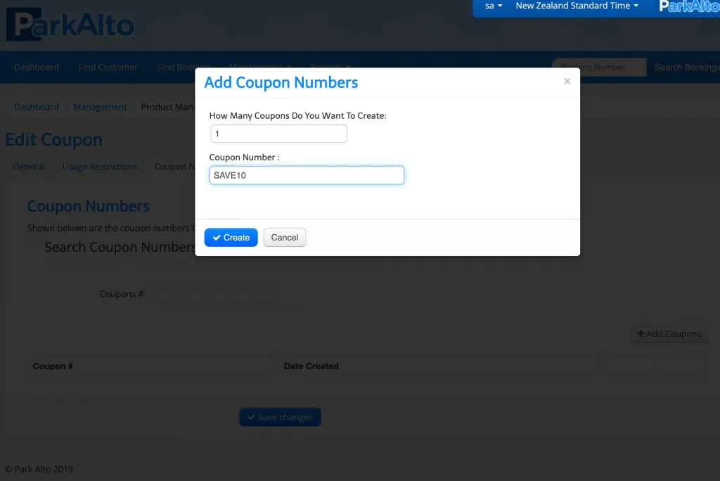 The Add Coupon Numbers dialog with the code SAVE10 being created