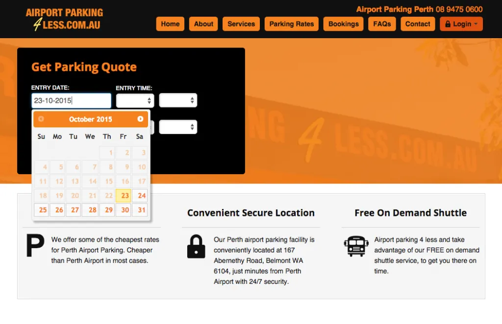 The Airport Parking 4 Less booking site, showing the date picker and quote panel