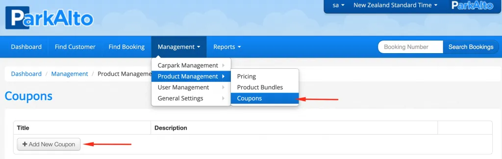 The ParkAlto admin console with Product Management open and Coupons selected