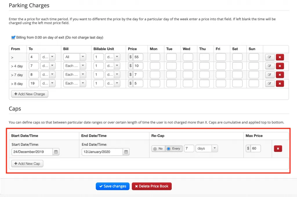 A price book configured to cap a stay at a maximum per week