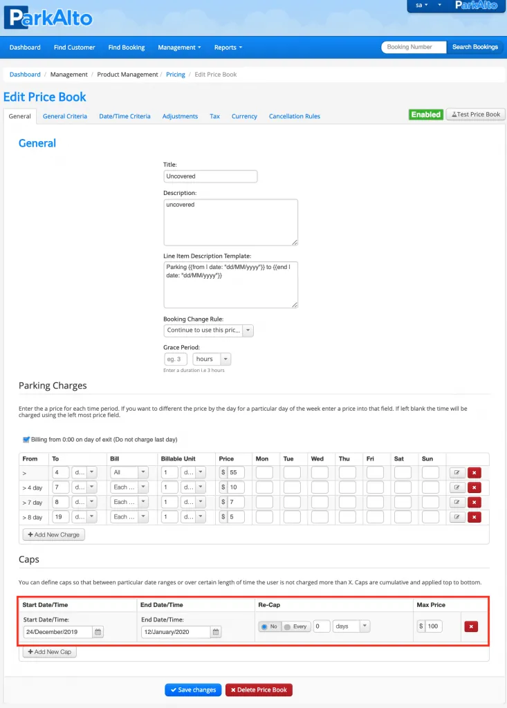A price book with a capped total set across the booking period