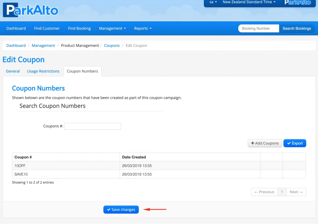 The Coupon Numbers tab listing the coupon codes and their creation dates