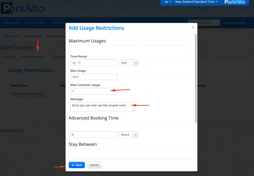 The Usage Restrictions dialog, limiting a coupon to one use per customer