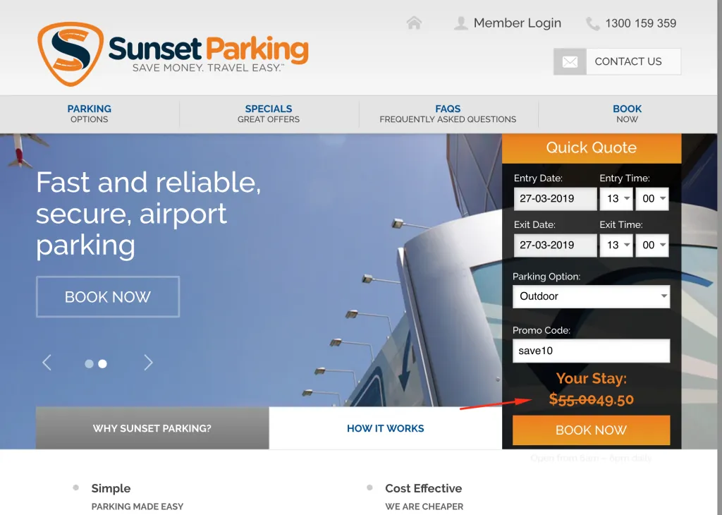 A customer booking page showing the 10% coupon discount applied to the quote