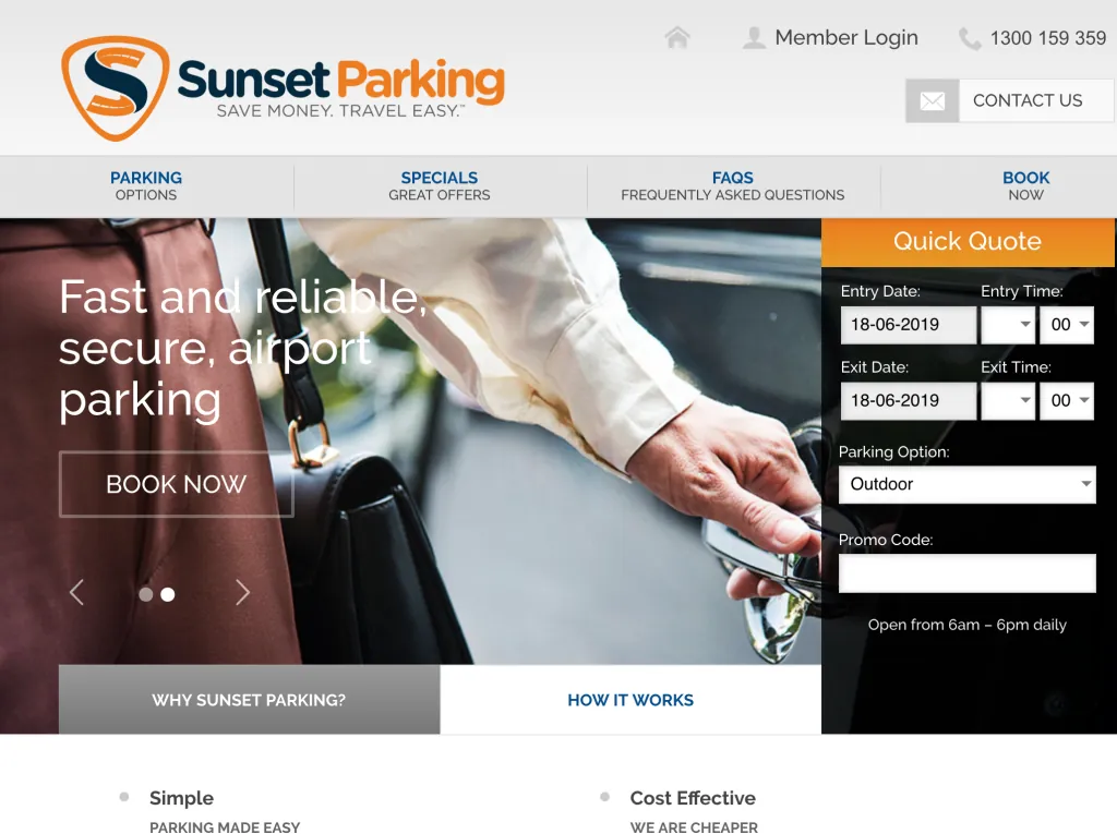 The Sunset Parking booking site, with a quick quote panel and Book Now button