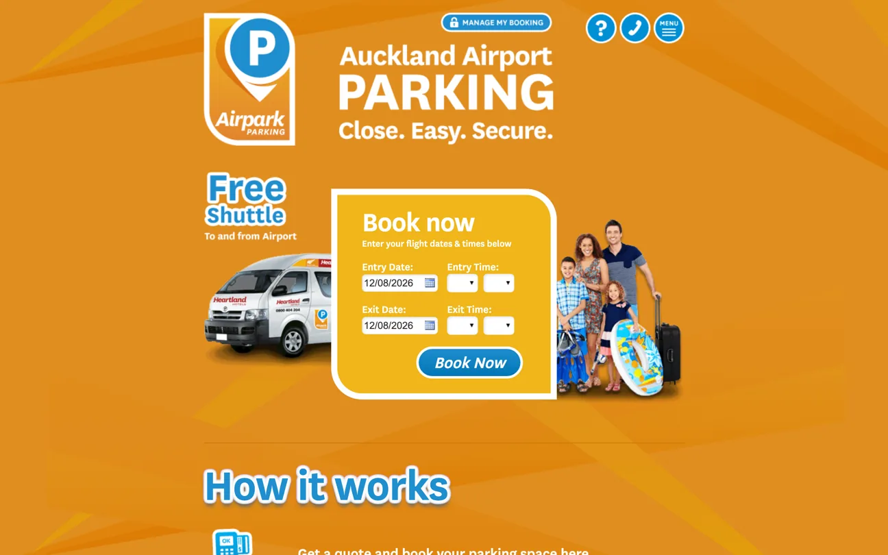 The Airpark homepage, with a book-now form over an orange hero