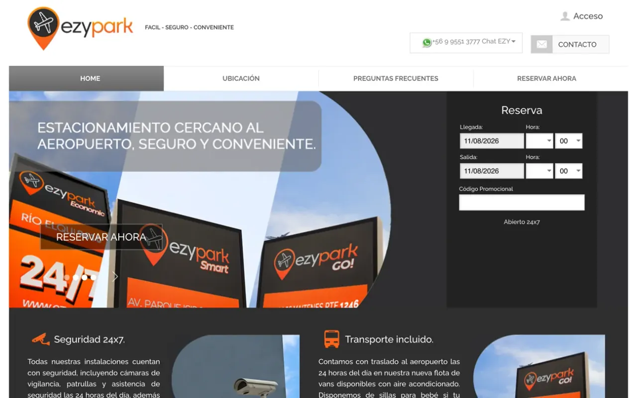 The EzyPark homepage, with a booking form beside the hero