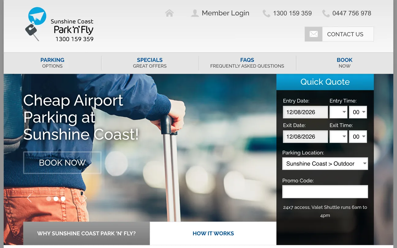 The Sunshine Coast Park ‘n’ Fly homepage, with a quick-quote panel