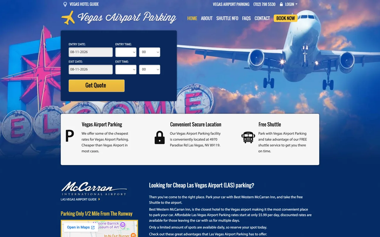 The Las Vegas Airport Parking homepage, with a get-quote form over the hero