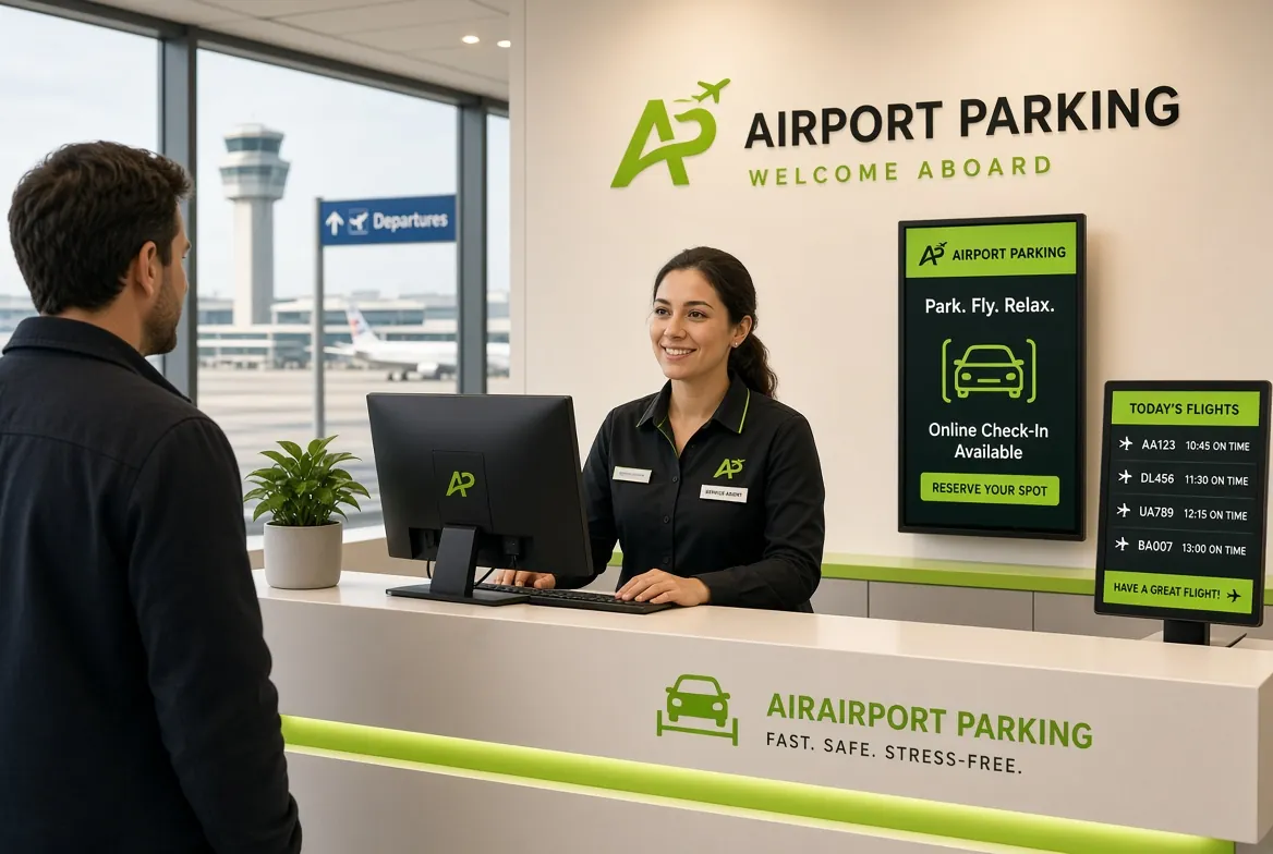 An airport parking check-in desk welcoming a customer