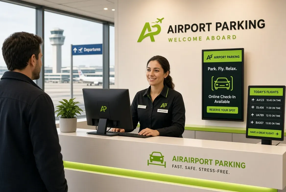 An airport parking check-in desk welcoming a customer