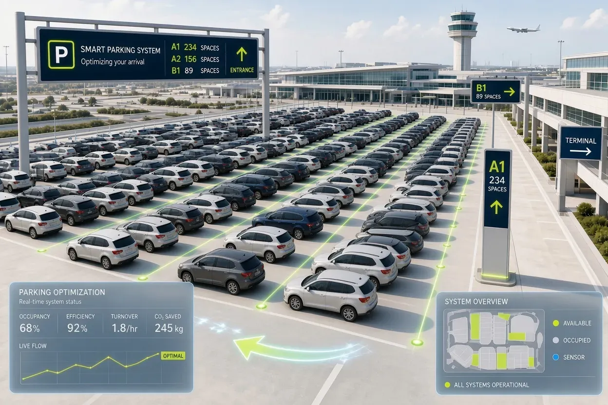 A smart parking system guiding cars across a full airport lot