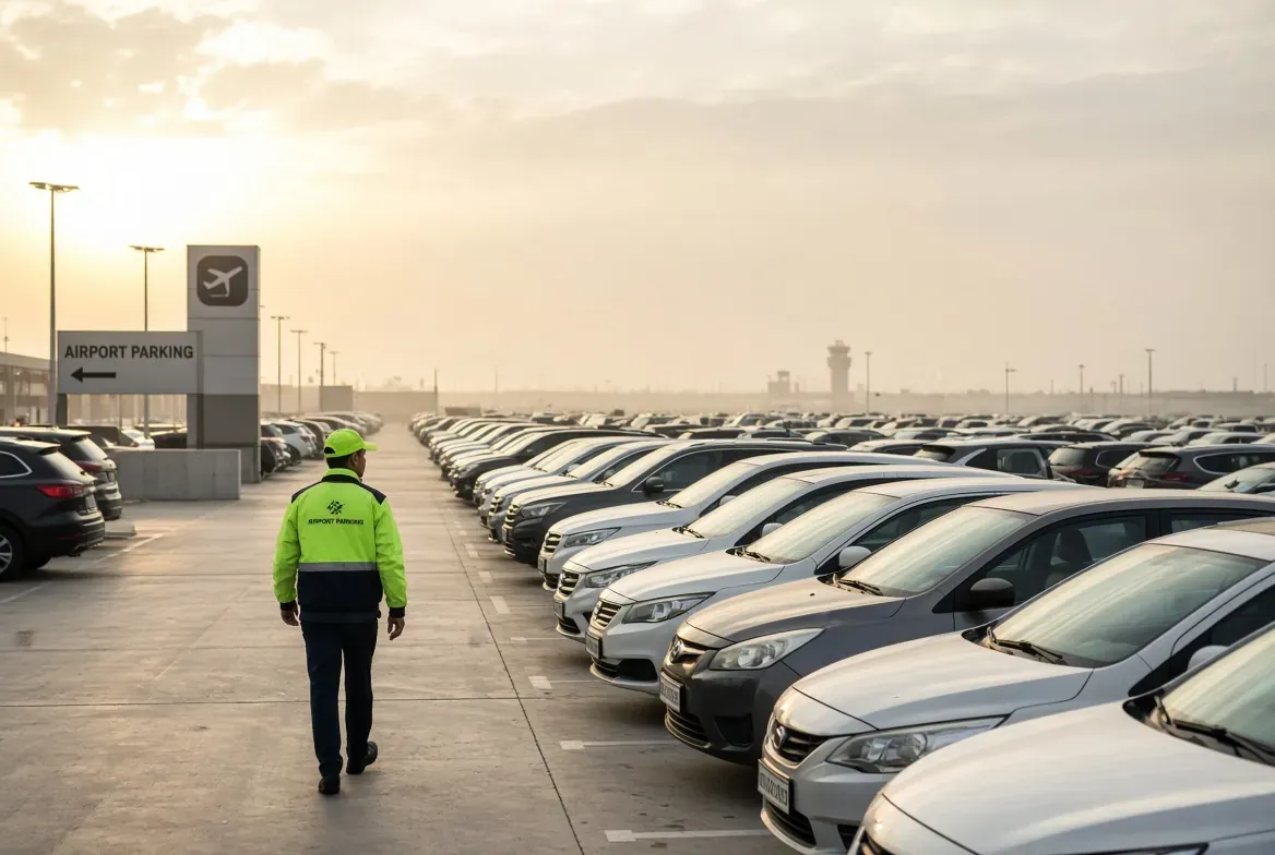 An attendant in hi-vis walking a full airport lot at first light