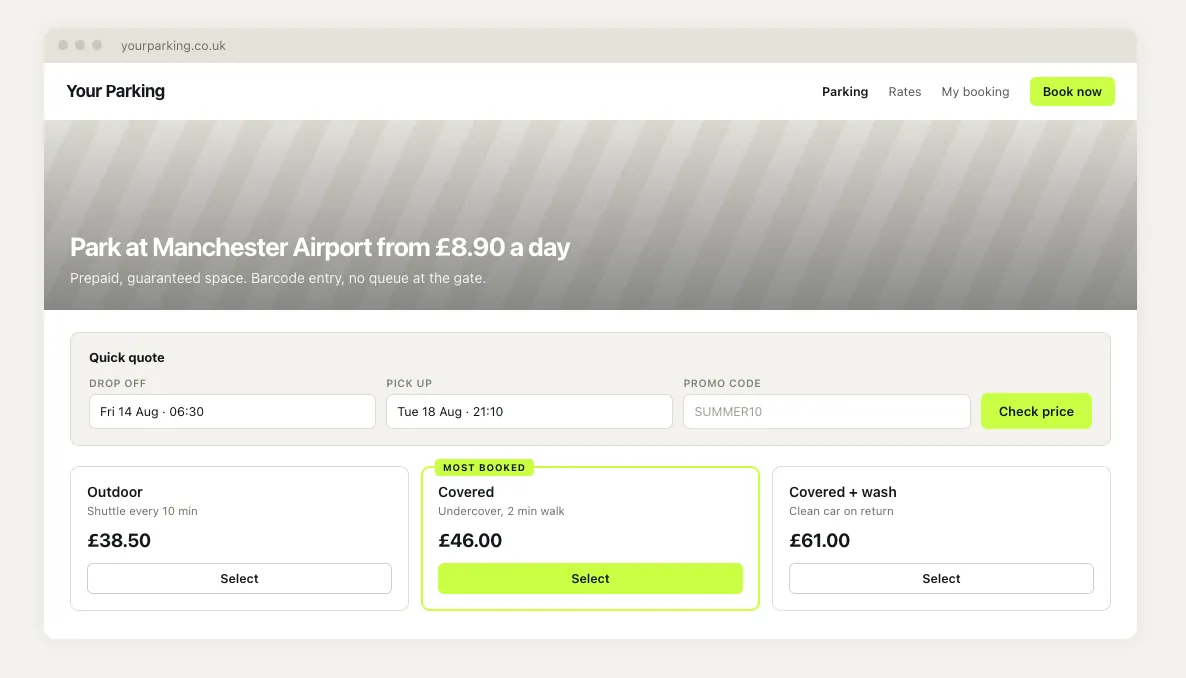 A booking page priced from the rate card: a quick-quote bar and three tiers — outdoor at £38.50, covered at £46.00 and covered plus wash at £61.00