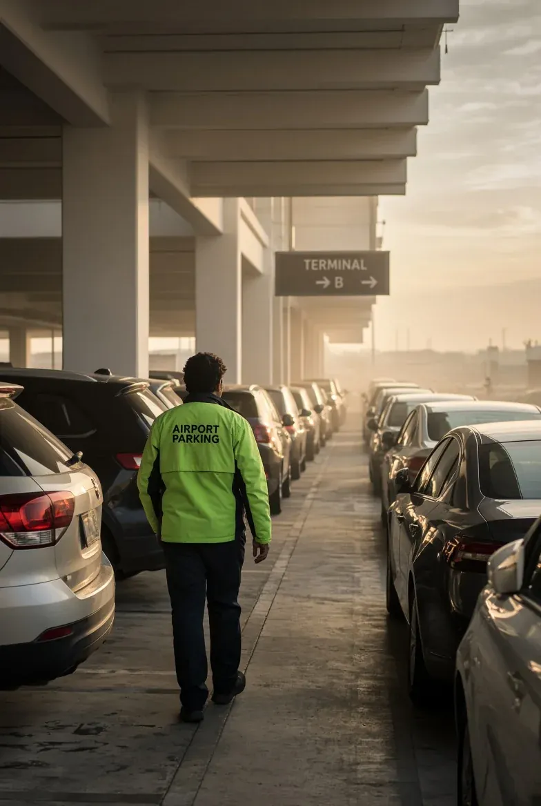 An attendant in a hi-vis jacket walking between two rows of parked cars at an airport lot at sunrise, under a sign to Terminal B