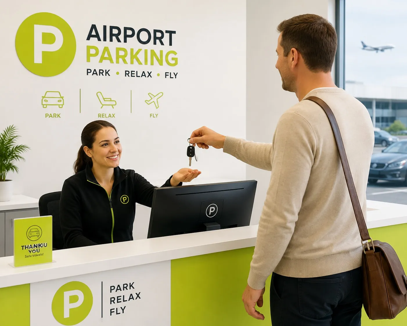 A customer handing car keys to an attendant at an airport parking check-in desk