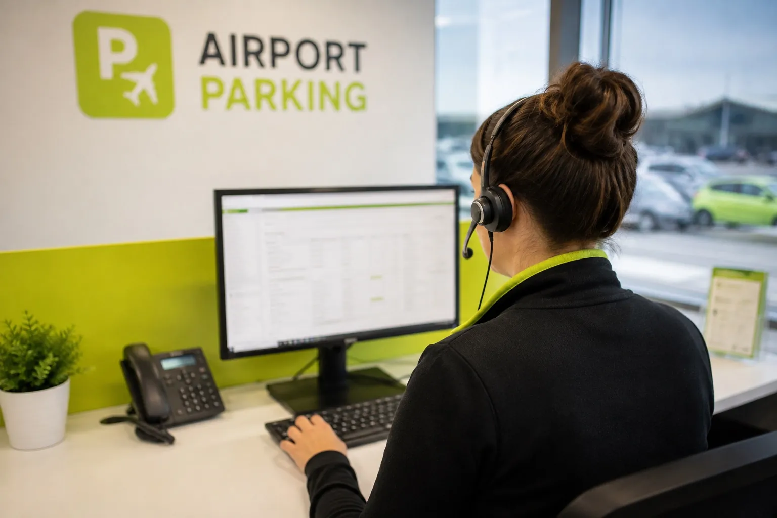 An operator in a headset working through bookings at an airport parking front desk